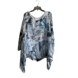 Belle France XL Abstract Sheer Silk Blouse/Poncho Blue Gray Flowy Artsy Boho